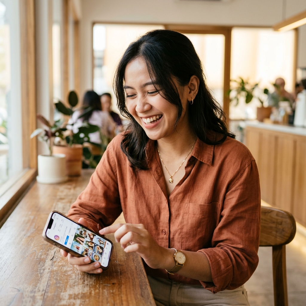 Wanita tersenyum melihat handphone
